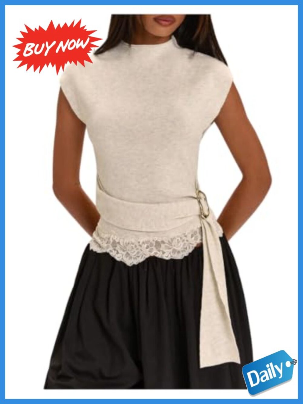 Lace Short Sleeve Sweater Vest Mock Neck Belted Knit Top